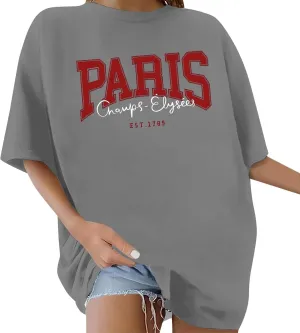 Women Letter Graphic Print Tee Shirt Oversized Short Sleeve Crew Neck Drop Shoulder Casual T-Shirt Tops