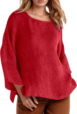 Women Linen Shirts V Neck Button Down Blouses Floral Print Dressy Tee Shirt Long Sleeve Loose Tunic Tops