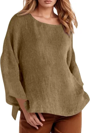 Women Linen Shirts V Neck Button Down Blouses Floral Print Dressy Tee Shirt Long Sleeve Loose Tunic Tops