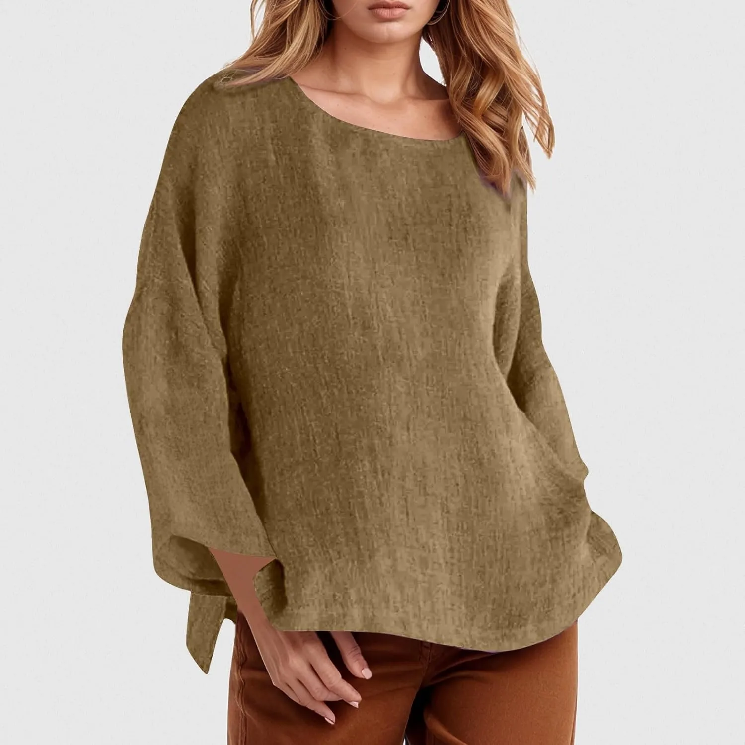 Women Linen Shirts V Neck Button Down Blouses Floral Print Dressy Tee Shirt Long Sleeve Loose Tunic Tops