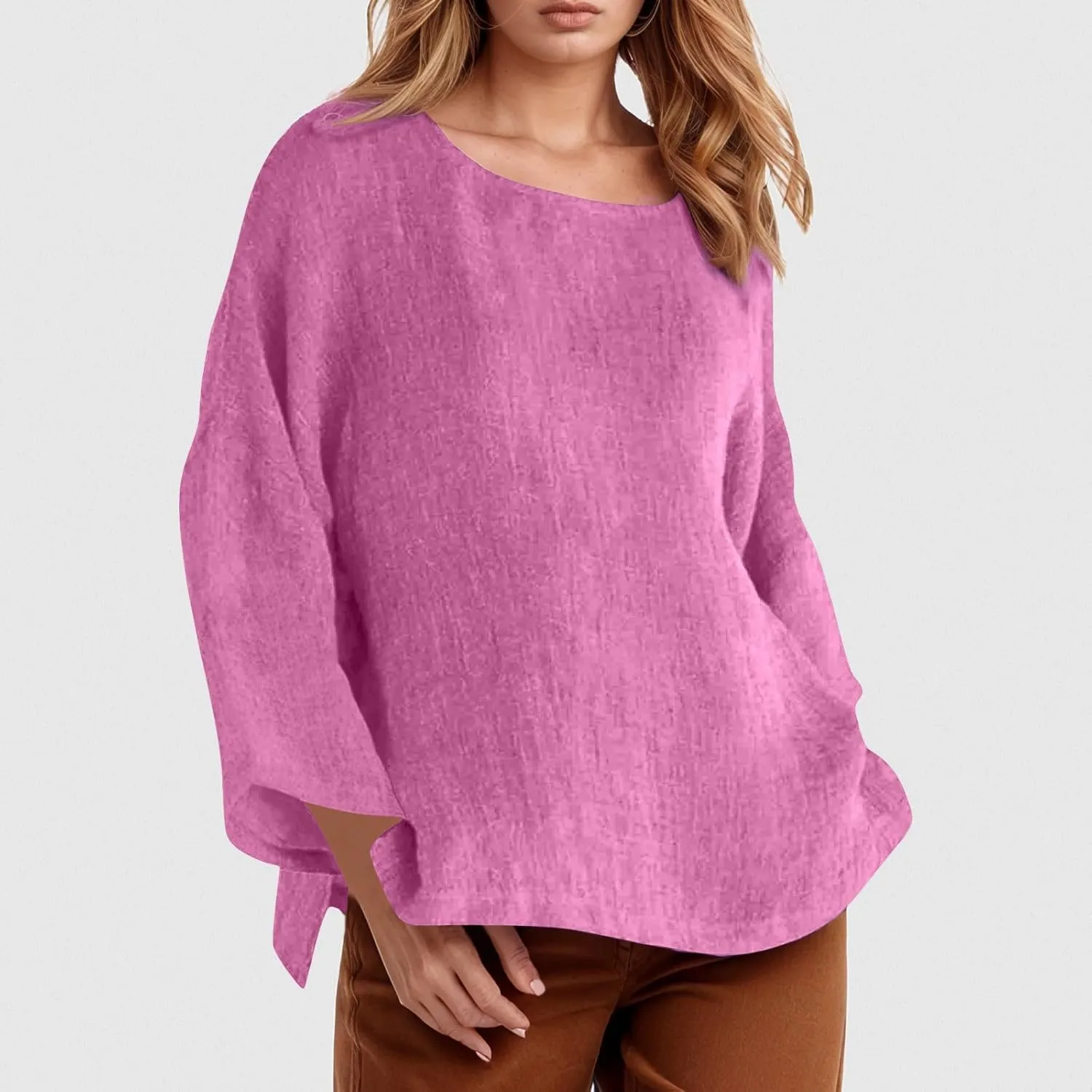 Women Linen Shirts V Neck Button Down Blouses Floral Print Dressy Tee Shirt Long Sleeve Loose Tunic Tops