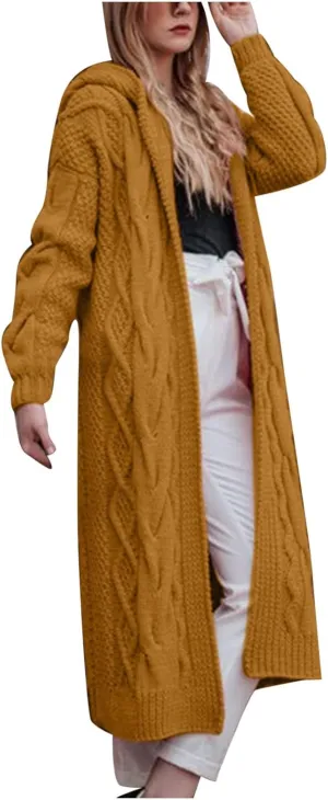 Women Open Front Long Cardigan with Hood Cable Knit Sweaters Solid Color Chunky Long Sweater Maxi Hooded Coats