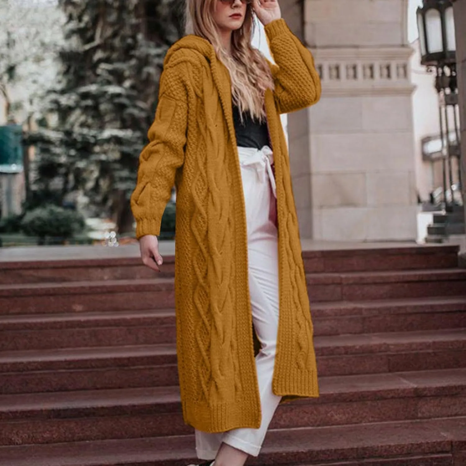 Women Open Front Long Cardigan with Hood Cable Knit Sweaters Solid Color Chunky Long Sweater Maxi Hooded Coats