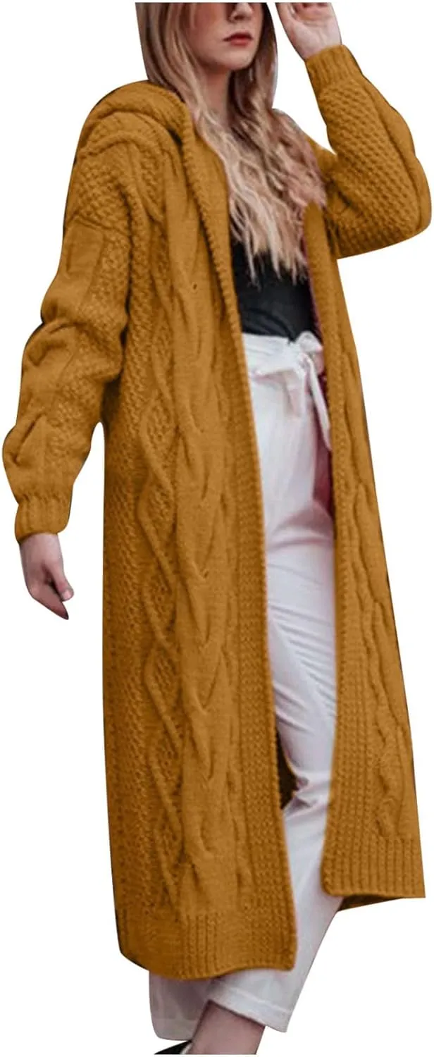 Women Open Front Long Cardigan with Hood Cable Knit Sweaters Solid Color Chunky Long Sweater Maxi Hooded Coats
