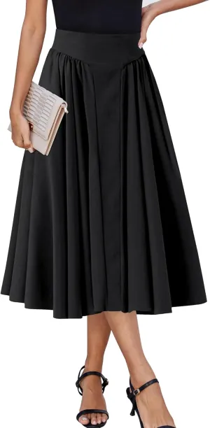 Women Pleated Flowy High Waist A Line Flared Vintage Dressy Spring Long Skirt