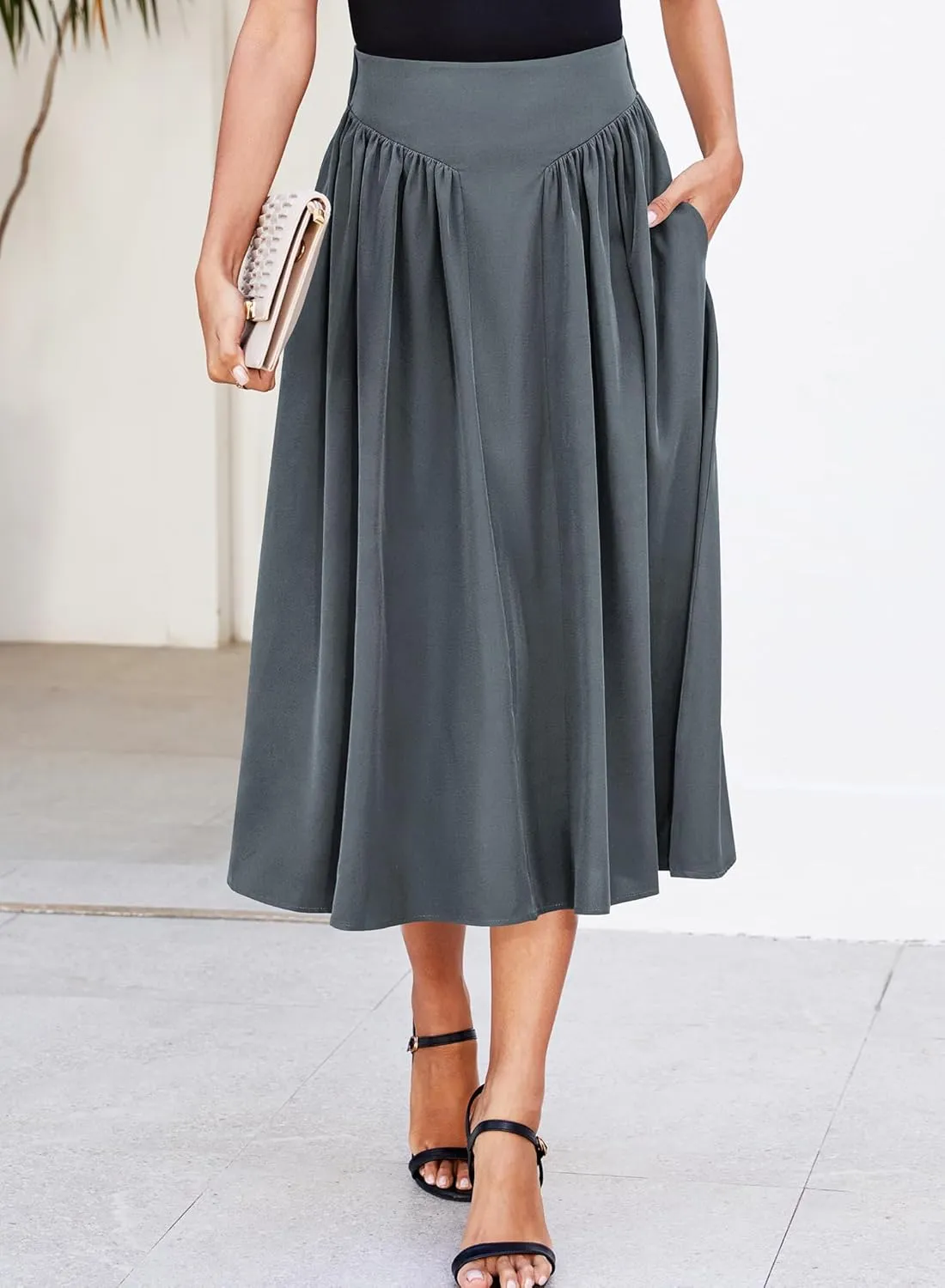 Women Pleated Flowy High Waist A Line Flared Vintage Dressy Spring Long Skirt