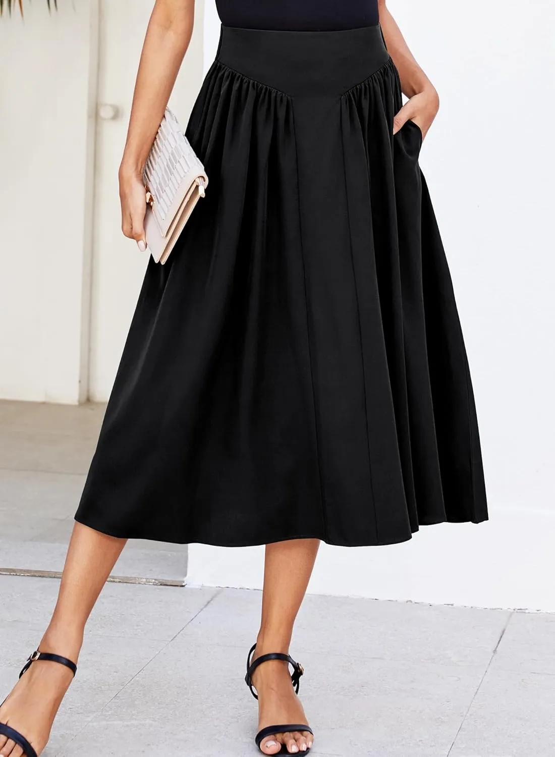 Women Pleated Flowy High Waist A Line Flared Vintage Dressy Spring Long Skirt