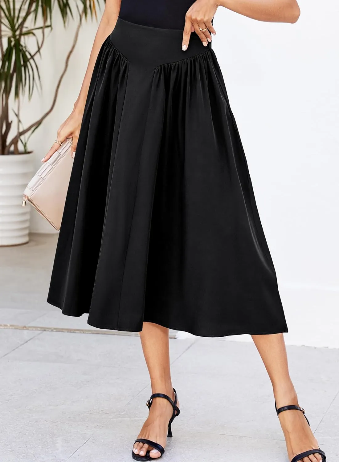 Women Pleated Flowy High Waist A Line Flared Vintage Dressy Spring Long Skirt