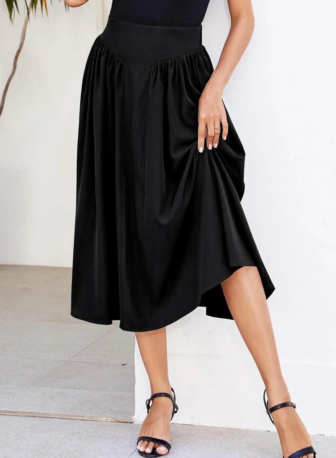Women Pleated Flowy High Waist A Line Flared Vintage Dressy Spring Long Skirt