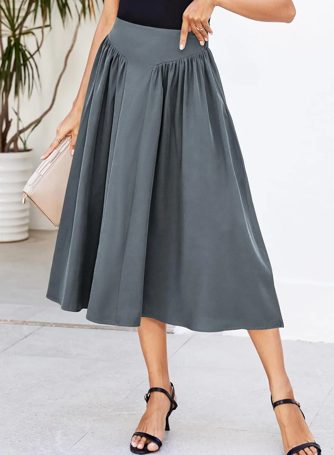 Women Pleated Flowy High Waist A Line Flared Vintage Dressy Spring Long Skirt