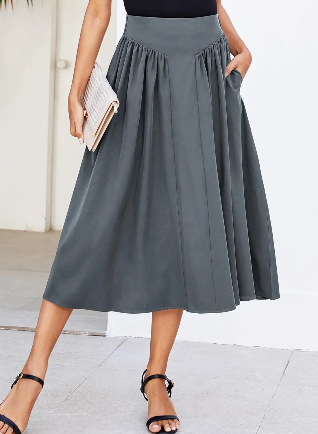 Women Pleated Flowy High Waist A Line Flared Vintage Dressy Spring Long Skirt