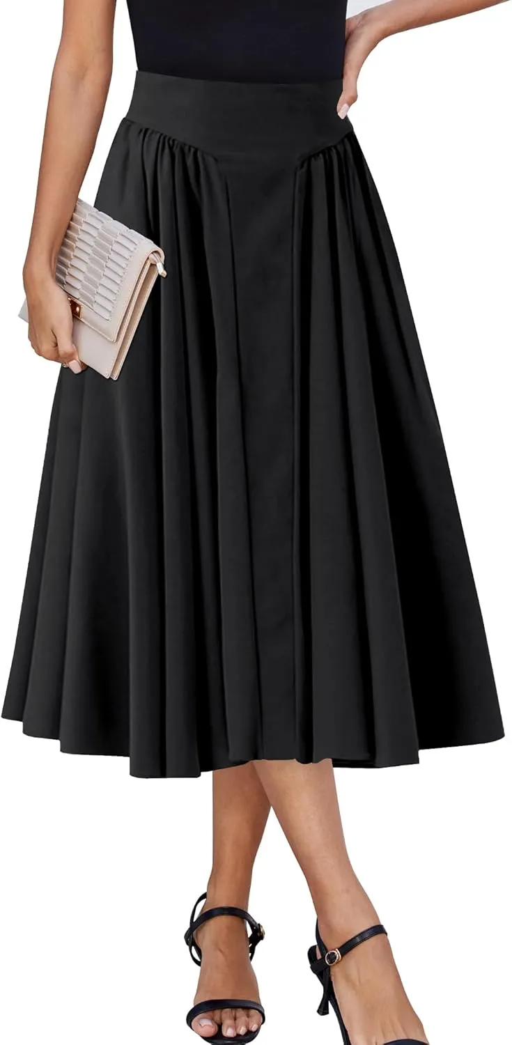 Women Pleated Flowy High Waist A Line Flared Vintage Dressy Spring Long Skirt