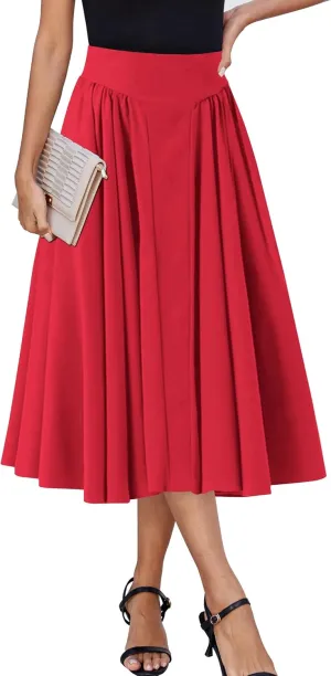 Women Pleated Flowy High Waist A Line Flared Vintage Dressy Spring Long Skirt