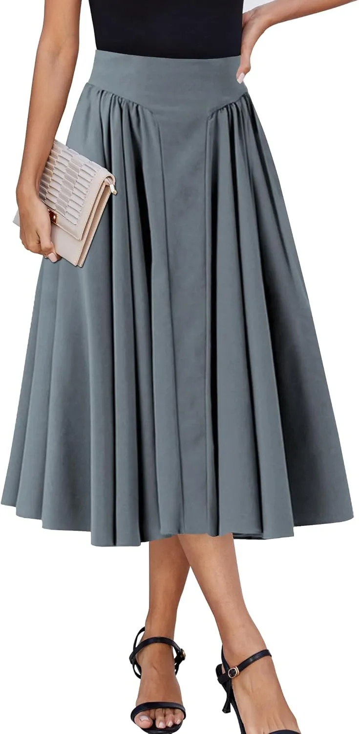 Women Pleated Flowy High Waist A Line Flared Vintage Dressy Spring Long Skirt