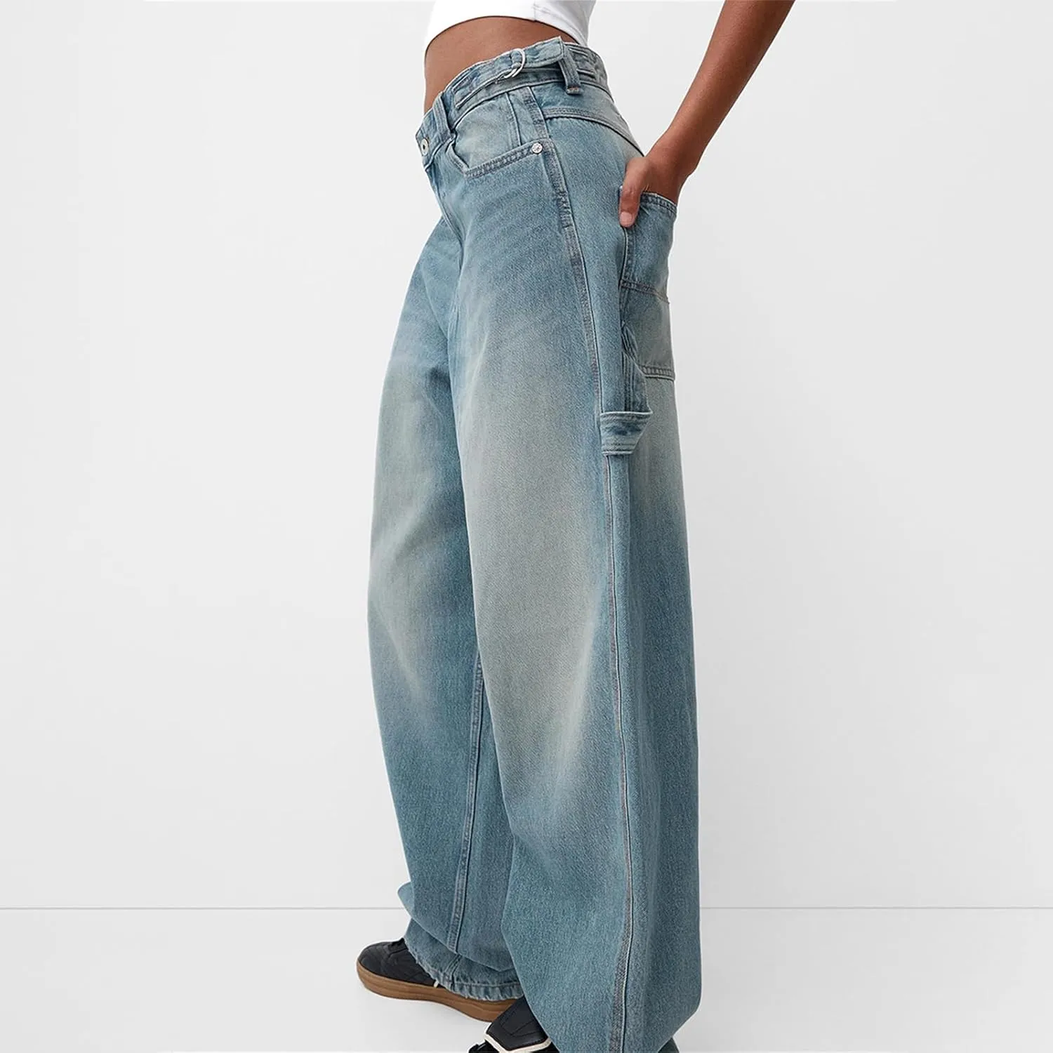Women Wide Leg Denim Pants Trendy Y2k Low Rise Baggy Straight Leg Jeans Casual Loose Vintage Trousers with Pockets