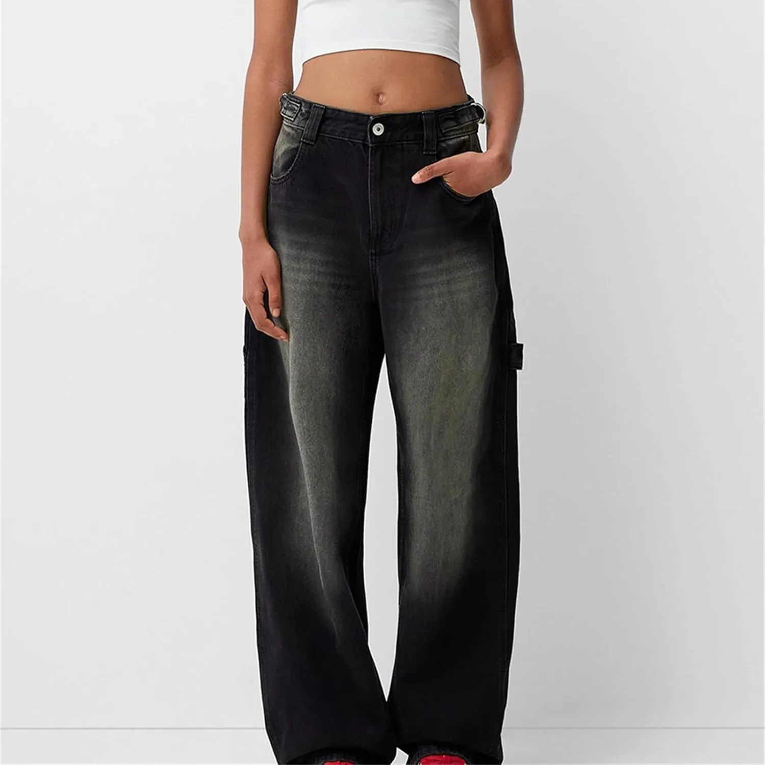Women Wide Leg Denim Pants Trendy Y2k Low Rise Baggy Straight Leg Jeans Casual Loose Vintage Trousers with Pockets