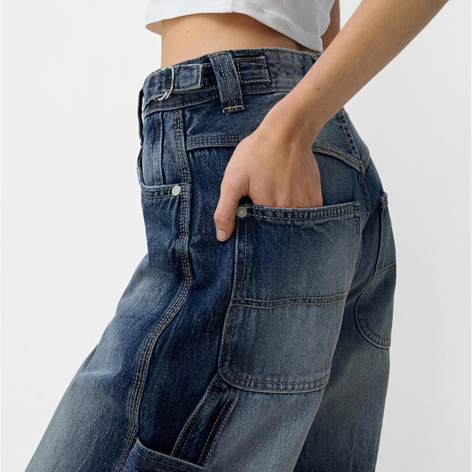 Women Wide Leg Denim Pants Trendy Y2k Low Rise Baggy Straight Leg Jeans Casual Loose Vintage Trousers with Pockets