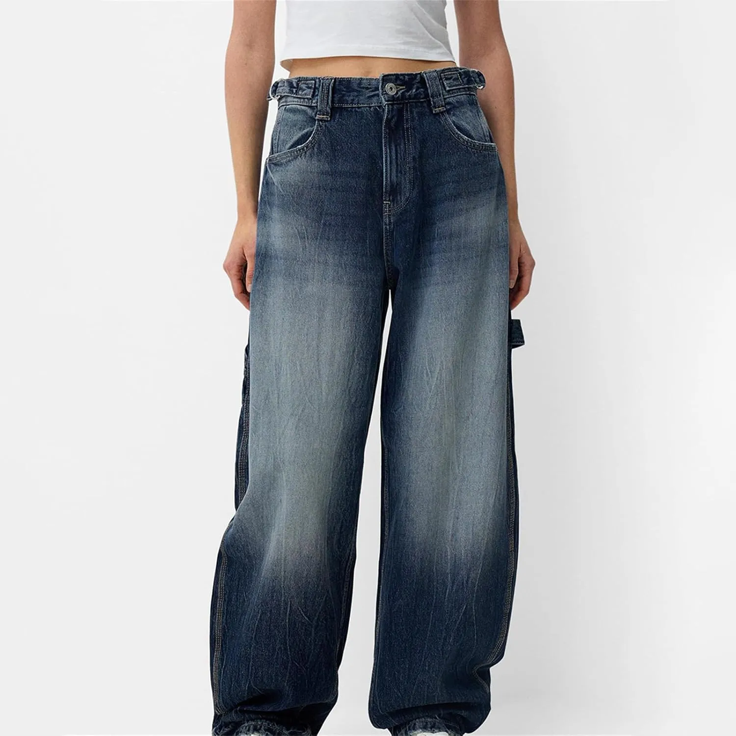 Women Wide Leg Denim Pants Trendy Y2k Low Rise Baggy Straight Leg Jeans Casual Loose Vintage Trousers with Pockets