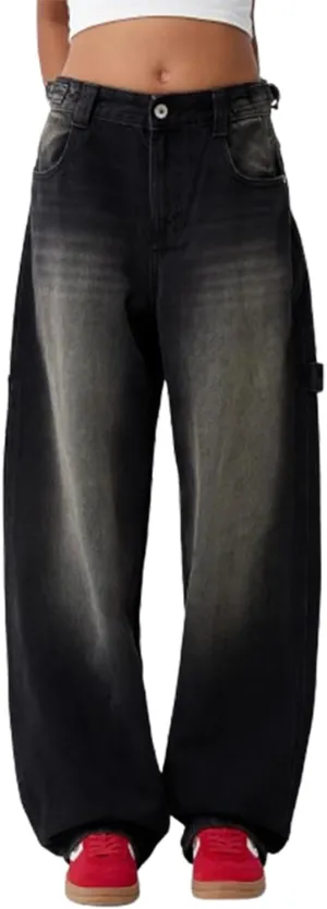 Women Wide Leg Denim Pants Trendy Y2k Low Rise Baggy Straight Leg Jeans Casual Loose Vintage Trousers with Pockets