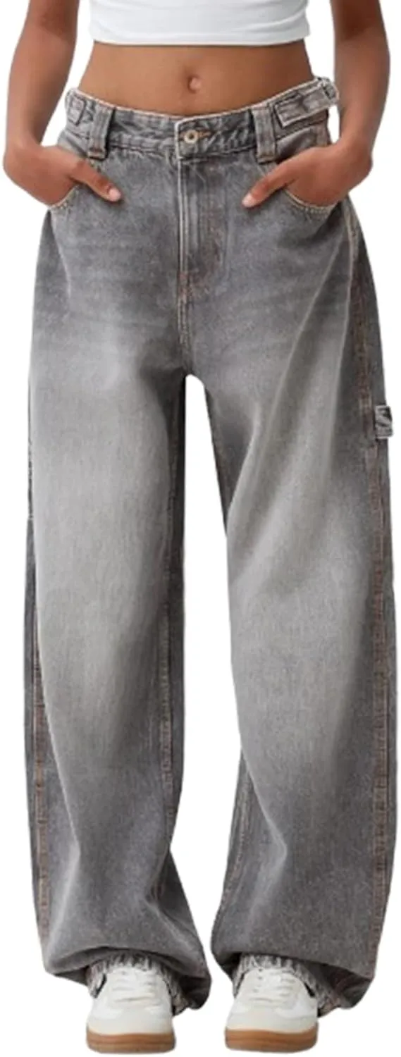 Women Wide Leg Denim Pants Trendy Y2k Low Rise Baggy Straight Leg Jeans Casual Loose Vintage Trousers with Pockets