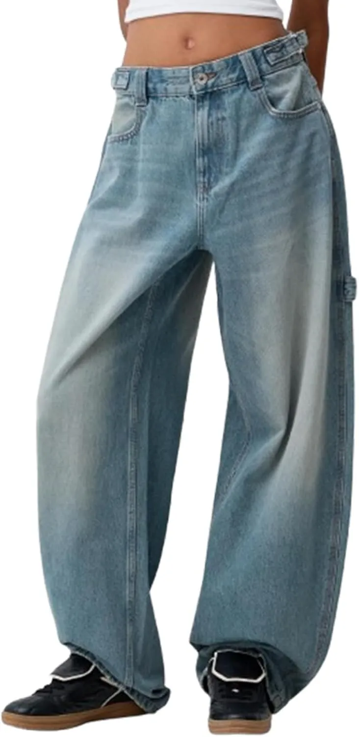 Women Wide Leg Denim Pants Trendy Y2k Low Rise Baggy Straight Leg Jeans Casual Loose Vintage Trousers with Pockets