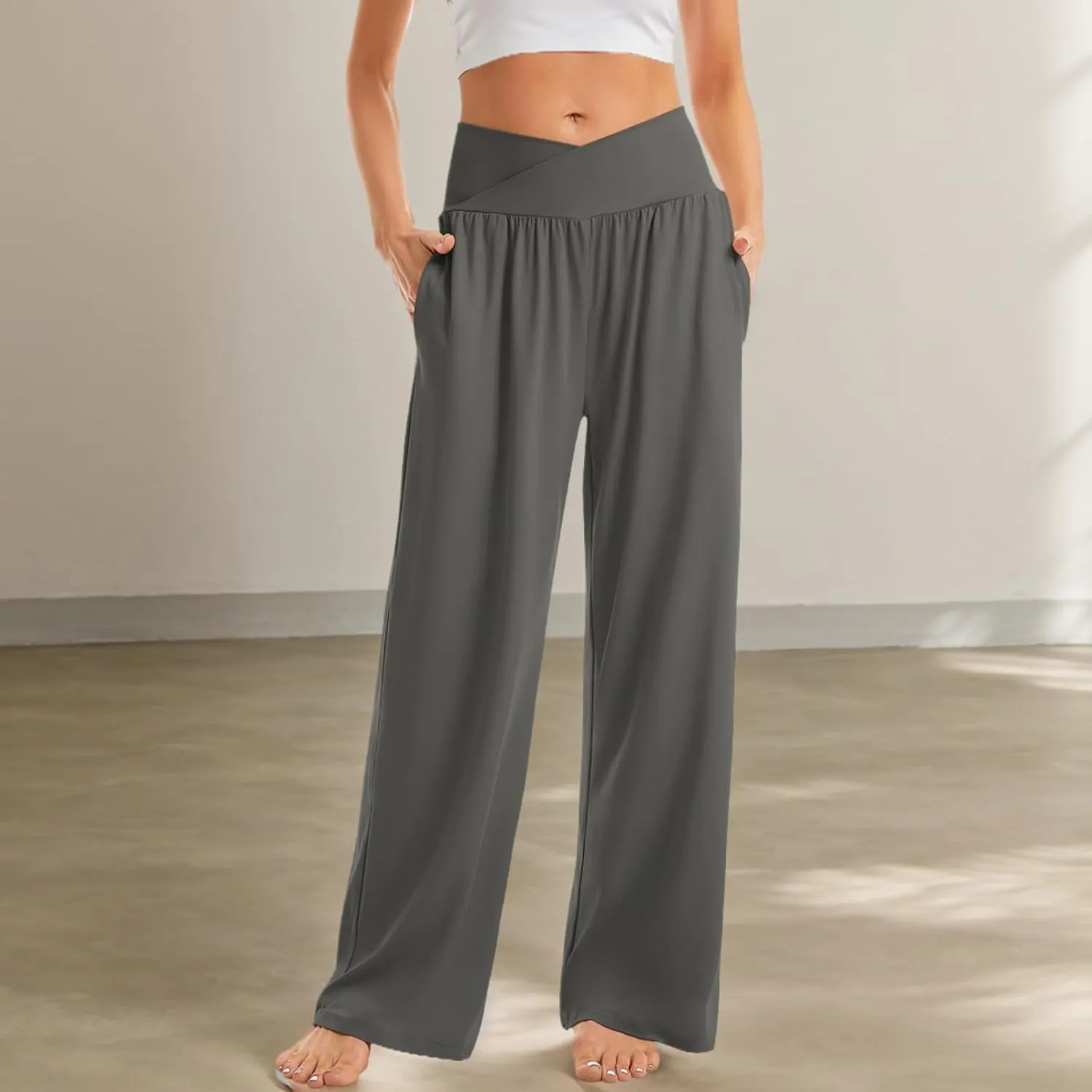 Women Wide Leg Yoga Pants Crossover Yoga Pants with Pockets Tummy Control Flare Leggings Stretch Lounge Sweatpant