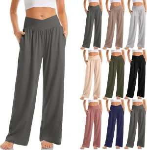 Women Wide Leg Yoga Pants Crossover Yoga Pants with Pockets Tummy Control Flare Leggings Stretch Lounge Sweatpant