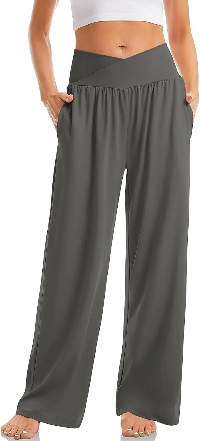 Women Wide Leg Yoga Pants Crossover Yoga Pants with Pockets Tummy Control Flare Leggings Stretch Lounge Sweatpant