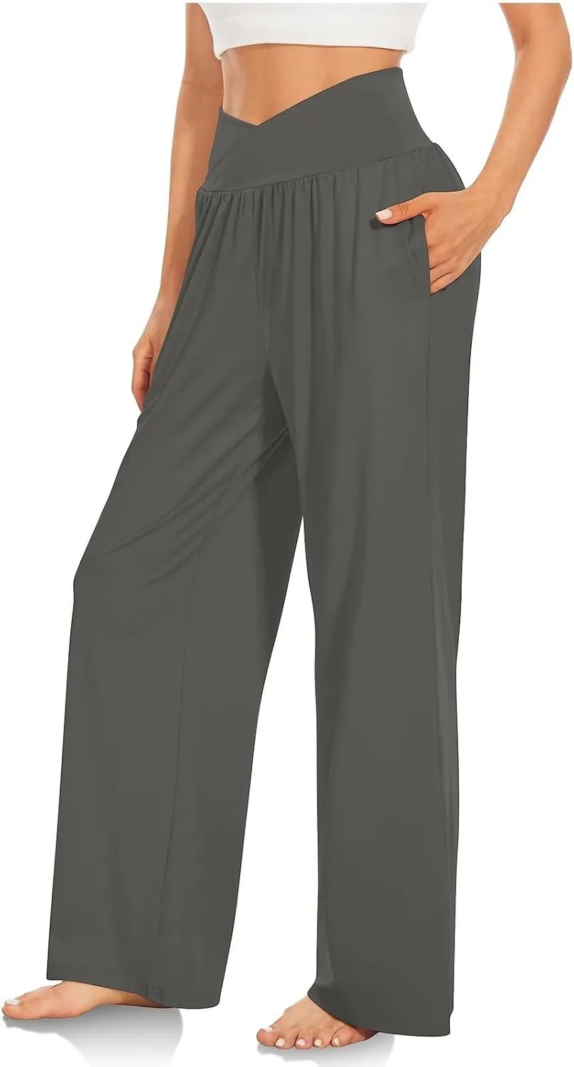 Women Wide Leg Yoga Pants Crossover Yoga Pants with Pockets Tummy Control Flare Leggings Stretch Lounge Sweatpant