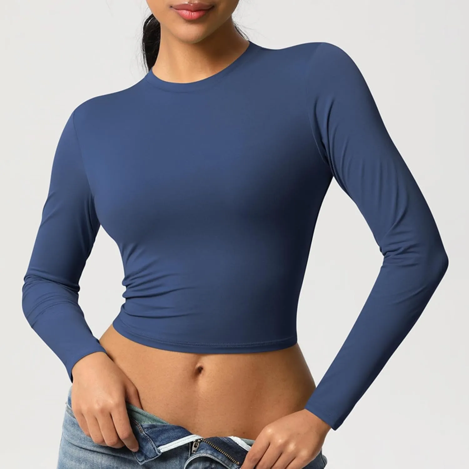Women Workout Crop Tops Long Sleeve Athletic Yoga Running Tee Shirts High Neck Seamless Cropped Slim Fitted Gym Shirts