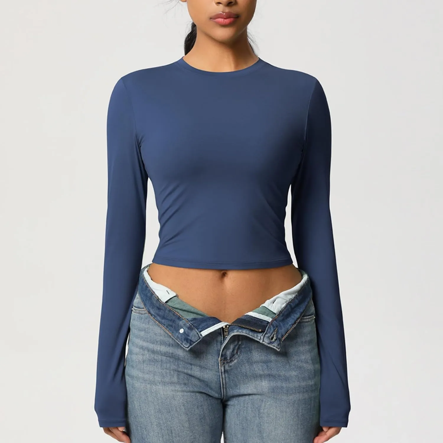 Women Workout Crop Tops Long Sleeve Athletic Yoga Running Tee Shirts High Neck Seamless Cropped Slim Fitted Gym Shirts