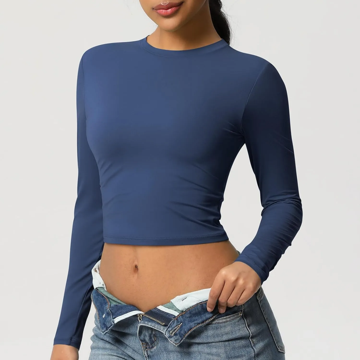 Women Workout Crop Tops Long Sleeve Athletic Yoga Running Tee Shirts High Neck Seamless Cropped Slim Fitted Gym Shirts