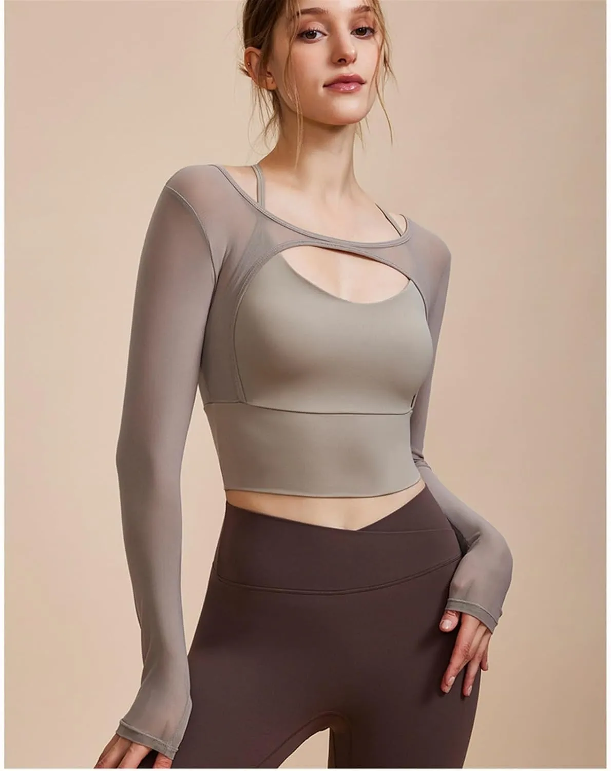 Women's 2 in 1 Yoga Long Sleeve Mesh Gym Athletic Tops Workout Shirts with Medium Support Sports Bra