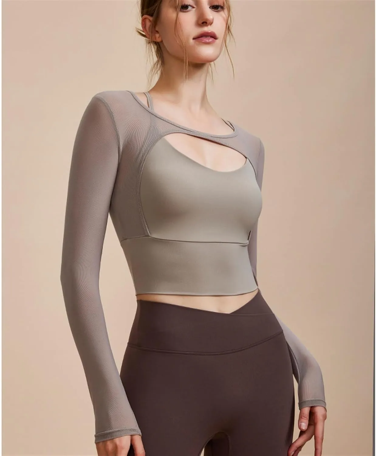 Women's 2 in 1 Yoga Long Sleeve Mesh Gym Athletic Tops Workout Shirts with Medium Support Sports Bra