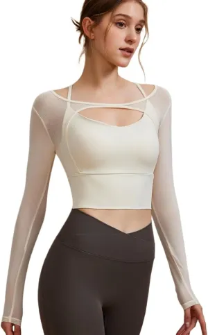 Women's 2 in 1 Yoga Long Sleeve Mesh Gym Athletic Tops Workout Shirts with Medium Support Sports Bra