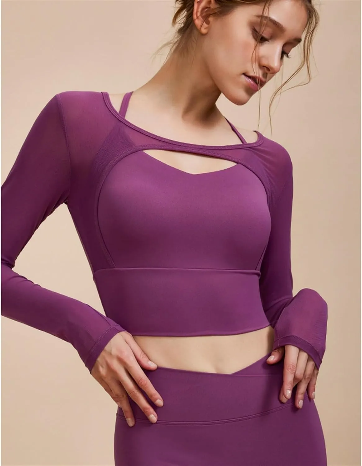 Women's 2 in 1 Yoga Long Sleeve Mesh Gym Athletic Tops Workout Shirts with Medium Support Sports Bra