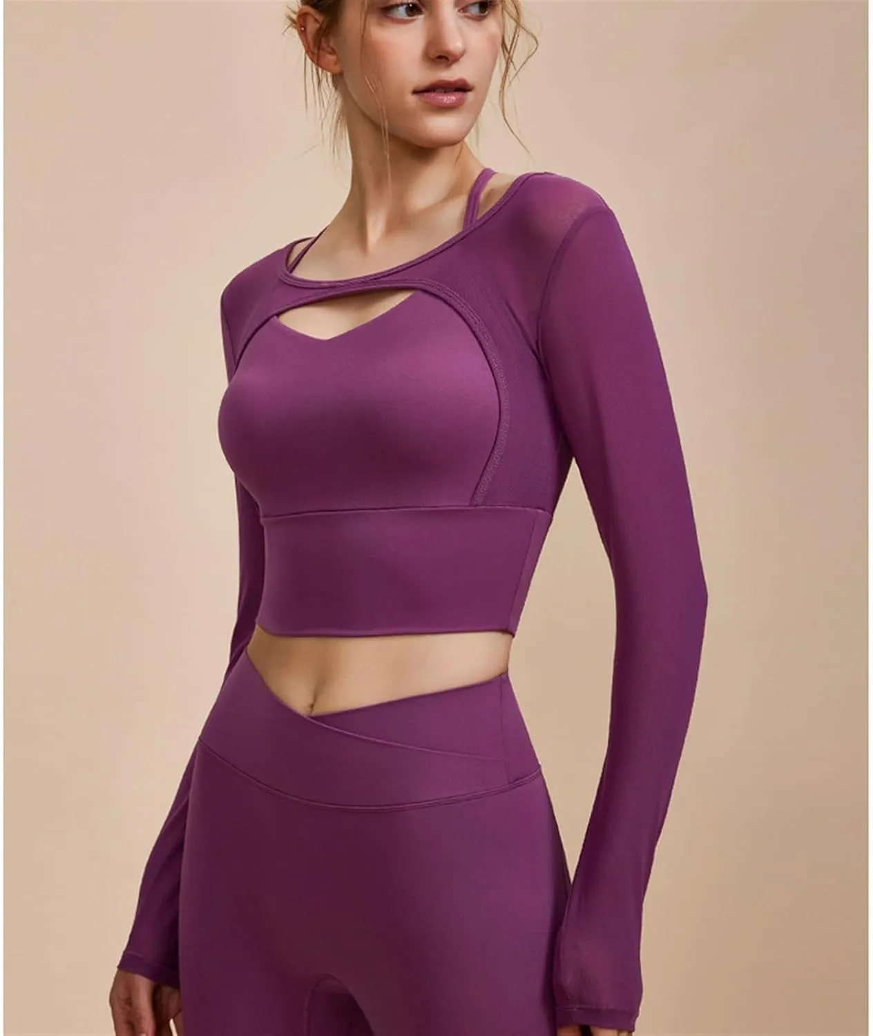 Women's 2 in 1 Yoga Long Sleeve Mesh Gym Athletic Tops Workout Shirts with Medium Support Sports Bra