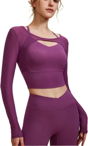 Women's 2 in 1 Yoga Long Sleeve Mesh Gym Athletic Tops Workout Shirts with Medium Support Sports Bra