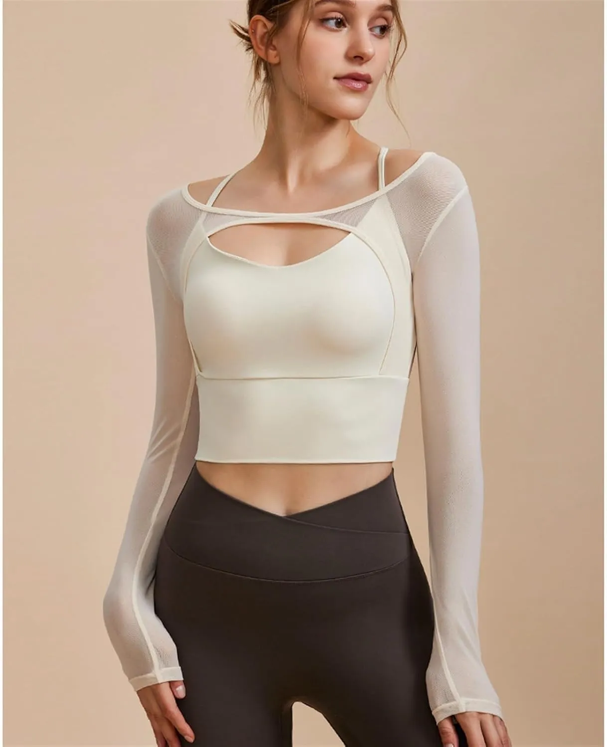 Women's 2 in 1 Yoga Long Sleeve Mesh Gym Athletic Tops Workout Shirts with Medium Support Sports Bra