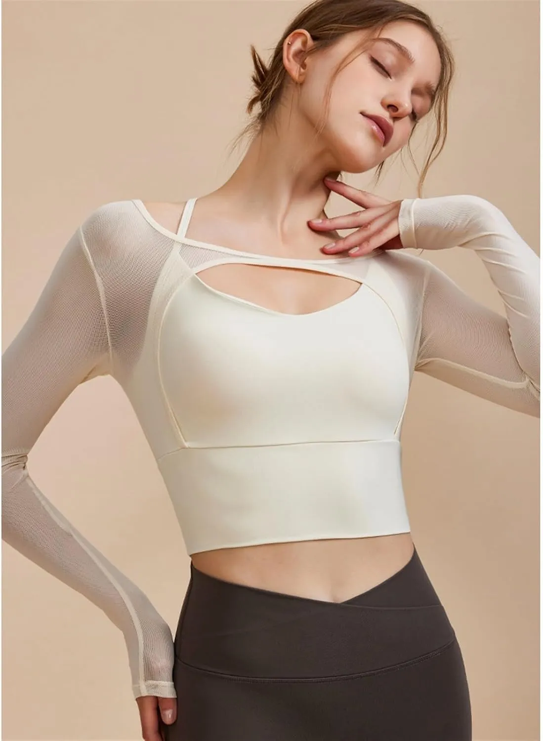 Women's 2 in 1 Yoga Long Sleeve Mesh Gym Athletic Tops Workout Shirts with Medium Support Sports Bra