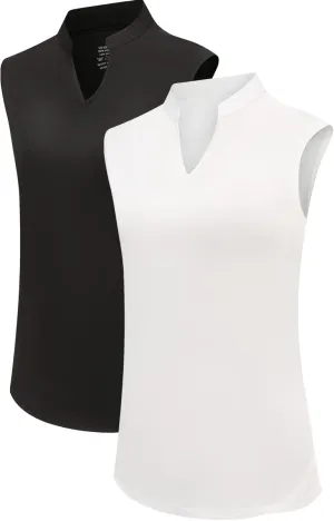 Women's 2 Pack Golf Shirts Sleeveless V Neck Tennis Polo Shirt Quick Dry Athletic Workout Tank Tops