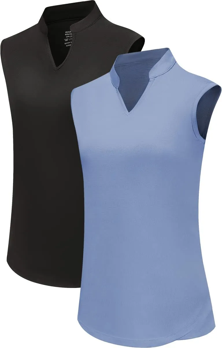 Women's 2 Pack Golf Shirts Sleeveless V Neck Tennis Polo Shirt Quick Dry Athletic Workout Tank Tops