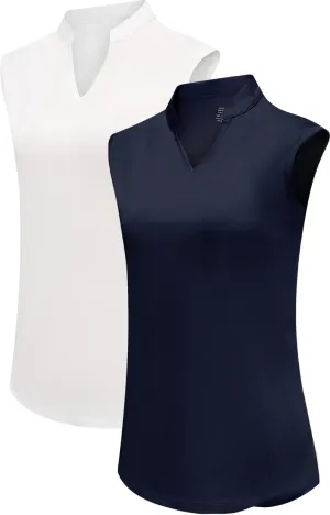 Women's 2 Pack Golf Shirts Sleeveless V Neck Tennis Polo Shirt Quick Dry Athletic Workout Tank Tops
