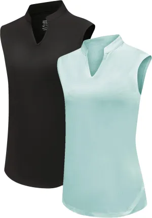 Women's 2 Pack Golf Shirts Sleeveless V Neck Tennis Polo Shirt Quick Dry Athletic Workout Tank Tops