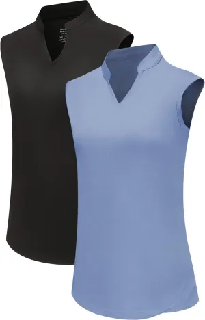 Women's 2 Pack Golf Shirts Sleeveless V Neck Tennis Polo Shirt Quick Dry Athletic Workout Tank Tops