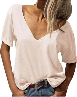 Womens Basic V Neck Short Sleeve T Shirts Loose Fit Roll Up Sleeve Tee Tops Summer Cute Gym Fashion Clothes