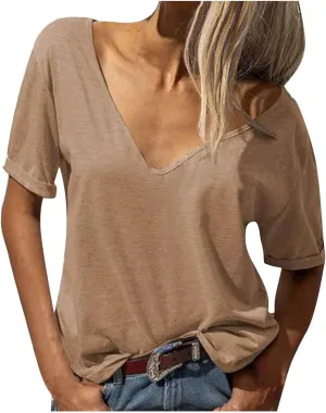 Womens Basic V Neck Short Sleeve T Shirts Loose Fit Roll Up Sleeve Tee Tops Summer Cute Gym Fashion Clothes