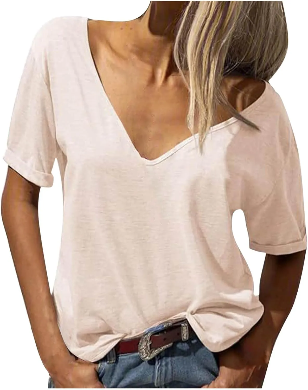 Womens Basic V Neck Short Sleeve T Shirts Loose Fit Roll Up Sleeve Tee Tops Summer Cute Gym Fashion Clothes