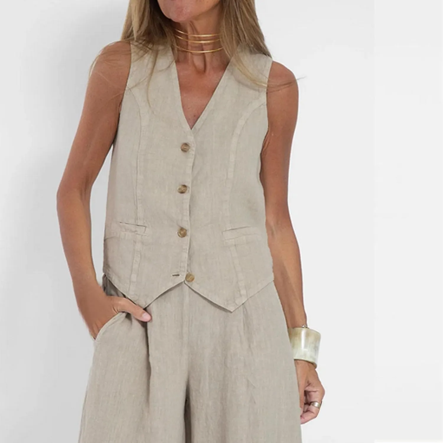 Womens Blazer Set Sleeveless V Neck Linen Vest And Pants Matching Set