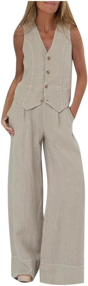 Womens Blazer Set Sleeveless V Neck Linen Vest And Pants Matching Set